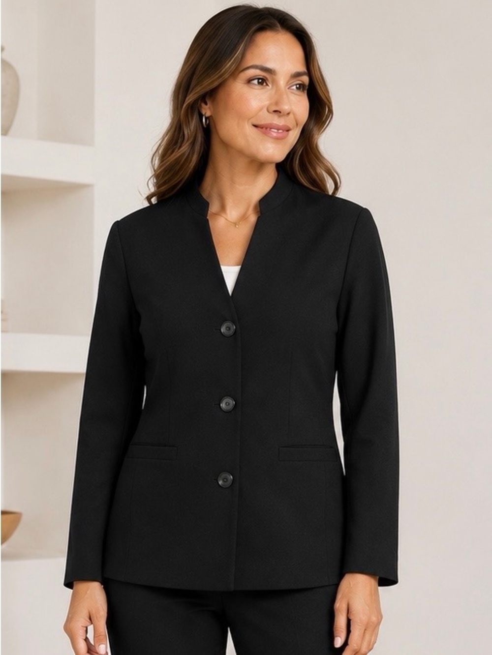 Talbots Black Triacetate Blend Stand Collar Three-Button Career Blazer 8P